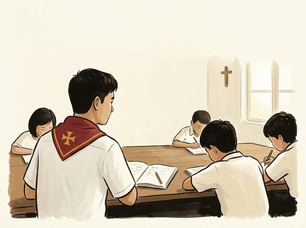 Huynh trưởng ngồi cùng các em thiếu nhi quanh bàn học giáo lý, sổ điểm danh mở trên bàn.